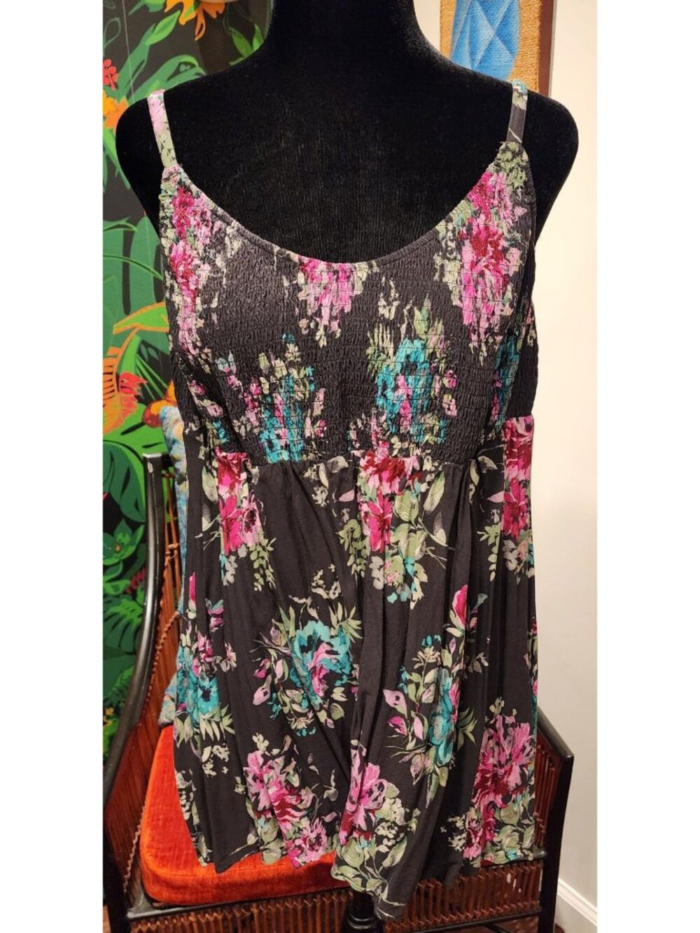 Torrid Floral Smocked Empire Waist Babydoll Tank Dark Gray  Pink & Teal Size 12W